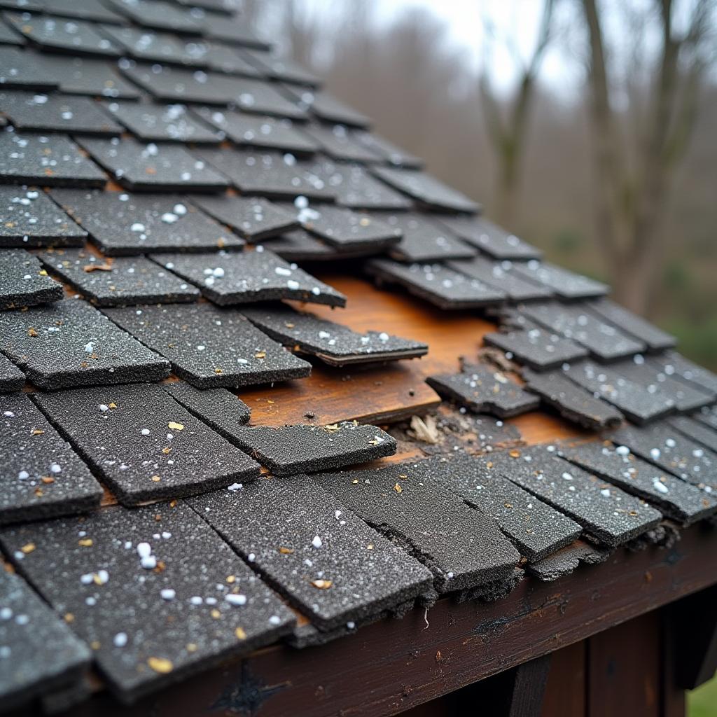 broken shingles in a roof, resulting in storm damage